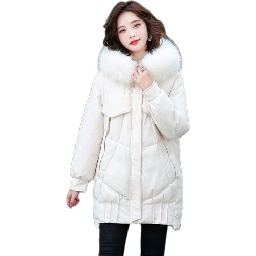 Fashion Coats Women Winter 2021 New Korean Mid-Length Parkas Fur Collar Hooded Down Padded Jacket Female Warm Feminine Coat