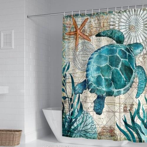 Ocean Beach Shell Sea Turtle Shower Curtains 3D Printing Waterproof Background Bathroom Decor Waterproof Curtain Set