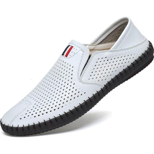 Hot sale Mens Summer Mocassins 2021 Leather loafers Slip-on soft casual shoes comfortable drive flats White breathable