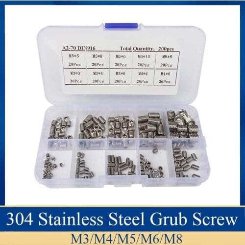 200Pcs/set Stainless Steel Wood Screws Allen Head Socket Hex Set Grub Screw Assortment Cup Point parafuso Assortment