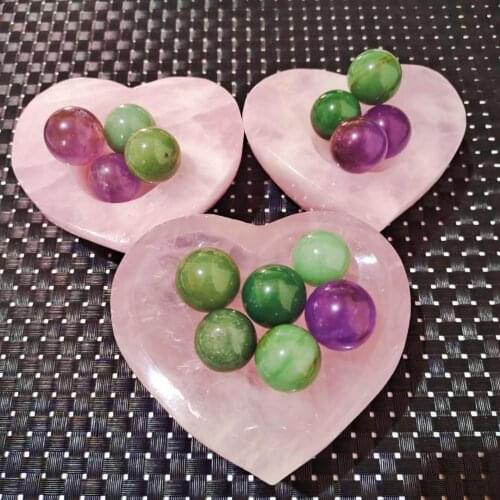 Natural Rose Quartz Stone Bowl Heart Pink Gift Carved Moon Shape Crystal