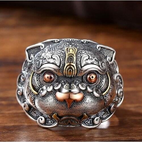 Original design two-color Chinese style retro culture Pixiu jewelry set exaggerated domineering mens charm ring pendant