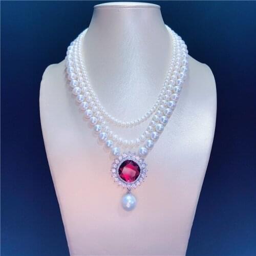 Hand knotted natural multilayer white freshwater pearl red zircon micro inlay zircon accessories necklace fashion jewelry