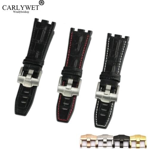 CARLYWET 28mm Real Leather Thick Wrist WatchBand Strap Belt With Brushed Buckle For Audemars Piguet 42mm Royal Oak Offshore