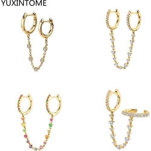 Korean Design CZ Two Hole Piercing Hoop Earrings 925 Sterling Silver Ear Buckle Crystal Circle Link Chain Earrings For Women