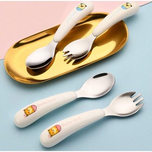 Silicone Stainless Steel Baby Tableware Cutlery Fork Spoon Storage Box Solid Food Training Feeding for Baby Kid Children Gift