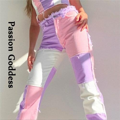 Streetwear Women Contrast Color Jeans Straight Pants High Waist Jeans Loose Patchwork Denim Pants Handmade Line Trousers Autumn