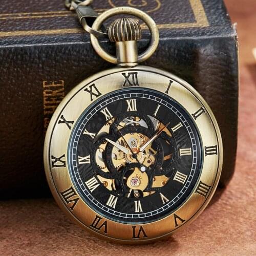 Unique Retro Bronze Mechanical Pocket Watch Roman Numerals Dial Skeleton Design Luxury Mens Mechancial Pocket Watches With Chain