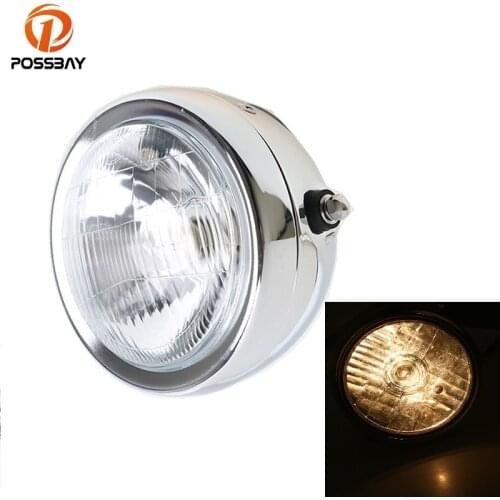 POSSBAY Universal Chrome Motorcycle Headlight 12V Metal Motocicleta High/Low Beam Head Lamp for Suzuki GN 125 Harley Honda BMW
