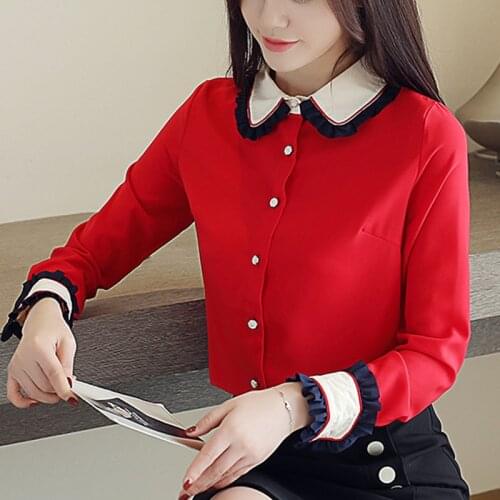 Casual Korean slim Shirts Womens Solid Color Matching Chiffon Shirts Womens Tops Long Sleeve Chiffon Office Autumn New 12B60