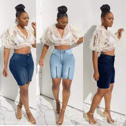 Womens jeans summer plus size womens fashion personality commuting high-waist slim-fit split denim five-point pants