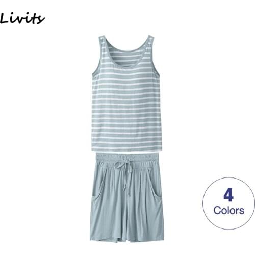 Women Pajamas Sets Built-in Bra Padded Stretchable Modal Pyjamas Sleepwear Nightwear Sleeveless Stripe Sexy Casual Korean SA0089