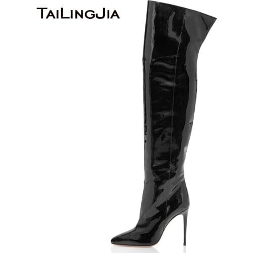 Women High Heel Pointed Toe Black Patent Leather Over The Knee High Boots Pink Pointy Long Boots Ladies Winter Heels PU Shoes