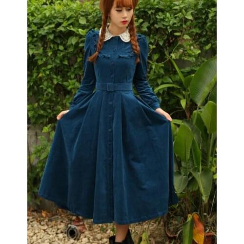 High Quality Princess Style Elegant 2019 Spring New Arrival Lace Peter Pan Collar Long Sleeve Woman Long Corduroy Dress Blue