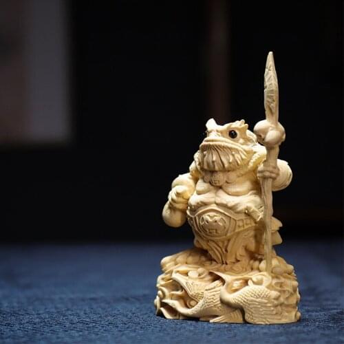 Boxwood 11cm Gold Toad General Sculpture Wood Carving Chinese Myth Animal Statue Lucky Mascot Home Decor