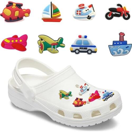 6-16pcs/lot Transportation Vehicles PVC Shoe Charms Spaceship UFO Airplane Accessories Cute Taxi Bike Shoe Decoration Kids Gift