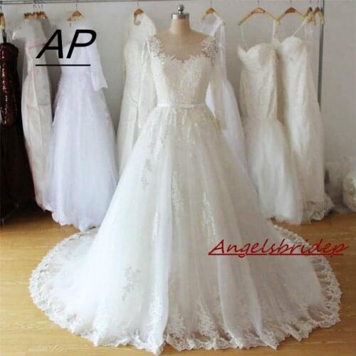 ANGELSBRIDEP Tulle Long Sleeves Wedding Dress 2021 Vestido De Noiva Luxury Appliques Hollow Back Floor-Length Formal Bride Gowns