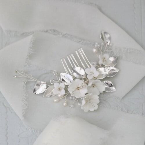White Ceramic Flower Small Comb Bridal Hair Piece Pearls Women Jewelry Handmade Delicate Wedding Headpiece