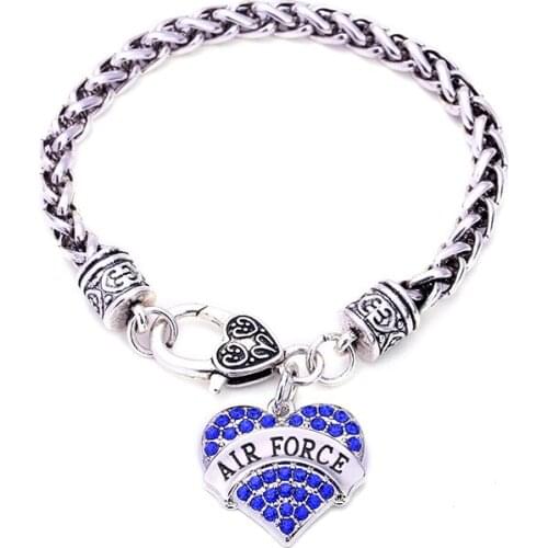 Heart Air Force Bracelet for Women Girl Charm - White/Red/Blue/Pink Crystal Silver Jewelry