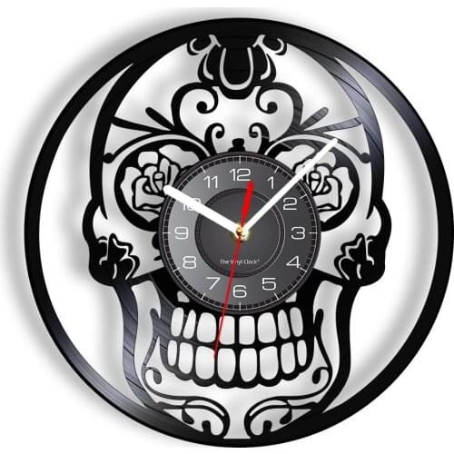 Dia de Muertos Mexican Floral Skull Head Vinyl Record Round Clock Day Of The Death Home Decor Vintage Silent Move Wall Clock