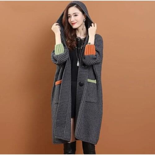 Long Hooded Sweater Womens Cardigan Jacket pocket 2021 Autumn Spring Long Bat Shirt Lazy Wind Thick Sweater Coat Femme Buttons