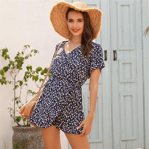 Summer Women Chiffon Floral Print Playsuit Sexy V Neck Short Jumpsuits Casual Ruffles Playsuit Slim Female Beach Holiday Rompers