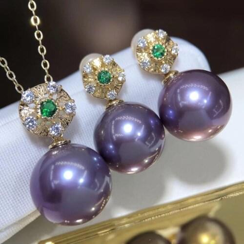 D519 Pearl Set Fine Jewelry Solid 14K Gold Round 10-13mm Nature Fresh Water Edison Purple Pearls Jewelry Sets for Women Presents