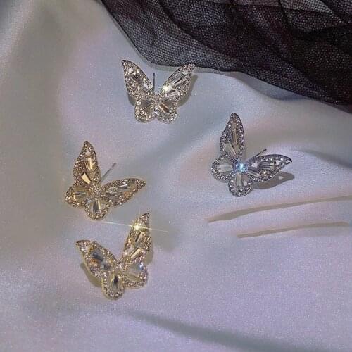 Korean Elegant Cute Rhinestone Butterfly Stud Earrings For Women Girls 2021 Fashion Sweet Cute Earrings Jewelry Gifts