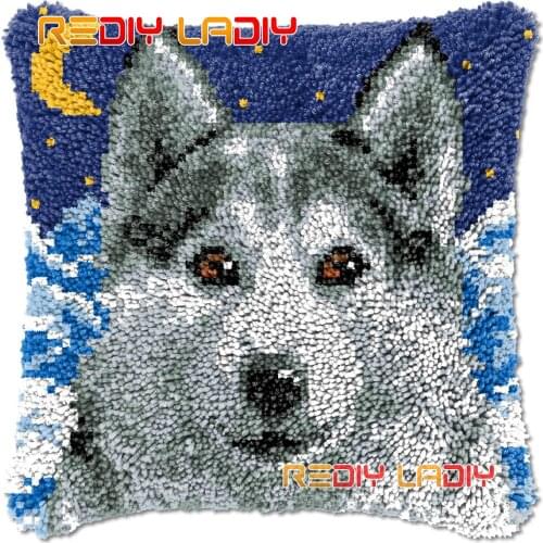 Latch Hook Cushion Snow Husky DIY Needlepoint Kits Chunky Acrylic Yarn Arts Crocheting Lofty Pillow Case Hobby & Crafts