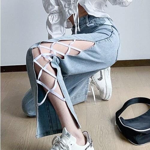 In the summer of 2021, the new irregular high-waisted fork strappy jeans children straight tube thin slightly lama drag trend