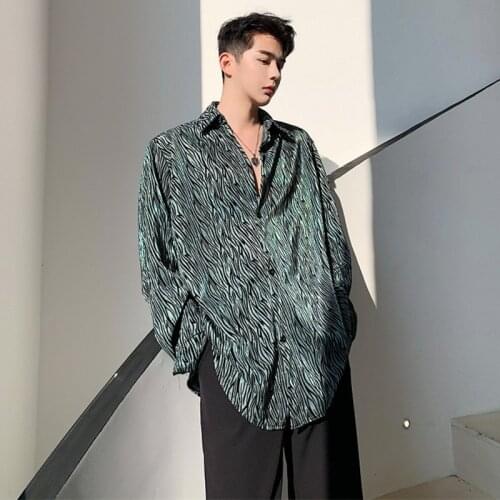 Mens Leopard Loose Long Sleeve Shirt Korean Style Tide Fashion Casual Spring Autumn Singer Hair Stylish Stage Clothes