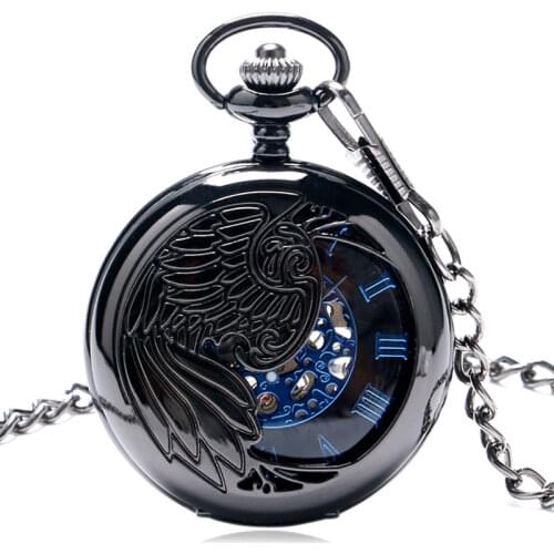 New Trendy Cool Black Peacock Hollow Case Blue Roman Number Skeleton Dial Steampunk Mechanical Pocket Watch Gift for Men Women