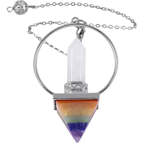 SUNYIK Healing Rainbow 7 Chakra Crystal Pyramid Pendulum,Dowsing Reiki Divination Stone Spiritual Energy Generator(Free Chain)
