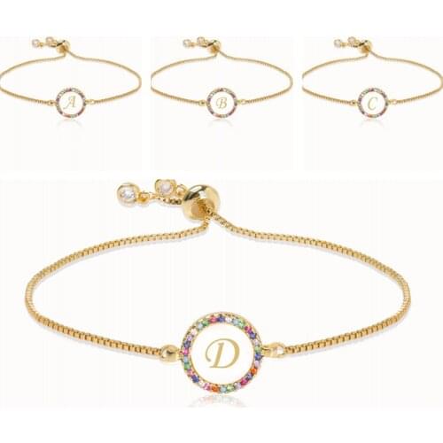 Zircon Adjustable Bracelet 26 Letters A-Z rainbow Pull chain Disc Shell Bracelet Peach Heart Color Zircon Women gift jewellery