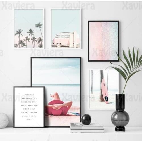 Modern Wall Pictures Pink Beach Coconut Tree Surfboard Bus Wall Art Canvas Painting Nordic Posters and Prints Home Decoration