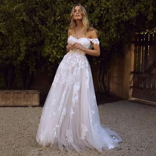 SoDigne Lace Wedding Dresses 2020 Off The Shoulder Appliques A Line Boho Bride Dress Princess Wedding Gown robe de mariee
