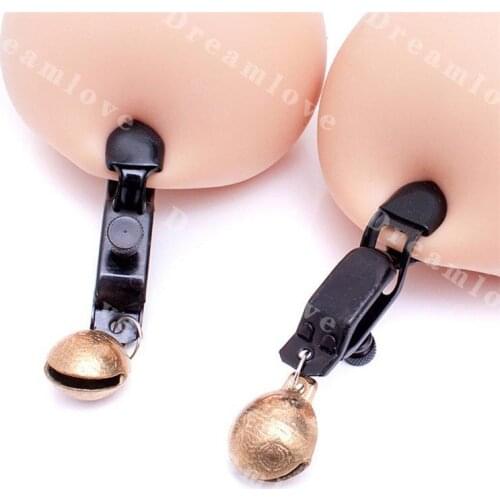 Erotic Sex Game Toy Unisex One Pair Squeeze Nipple Clamps Wide Adjustable Blackline with Jingle Bells Breast Tits Torture Toy