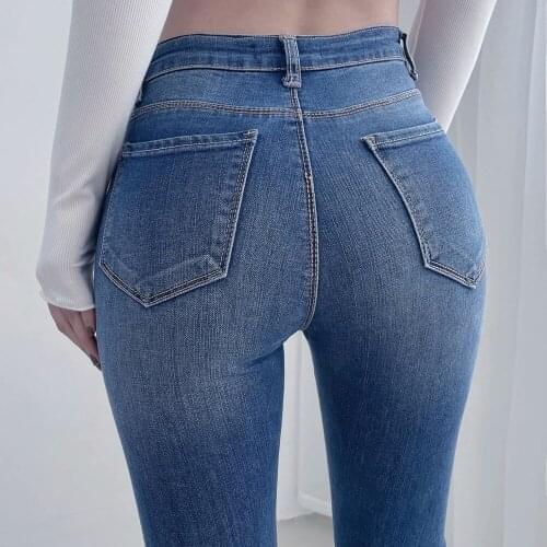2021 Fall Casual Stretch High Waist Jeans For Women Fashion Slim Washed Denim Pencil Pants Blue Skinny Ankle-Length Pant Clothes