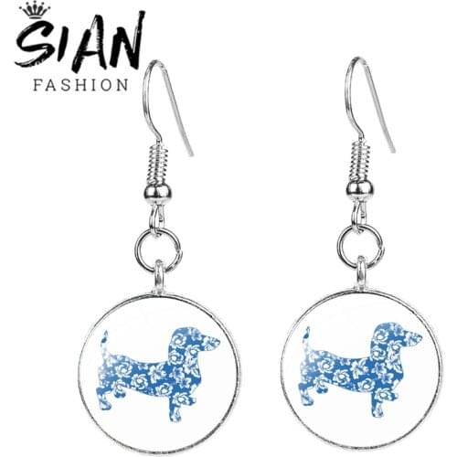 SIAN Earrings Print Dog Art Patterns Earring Silver Fish Hook Earrings Glass Convex Handmade Women Simple Jewelry Pendant Gifts