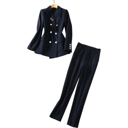 Women Suit Set Two Pieces Outfits Double-Breasted Buttons Navy Blue Blazer + Slim Tight Pencil Pants