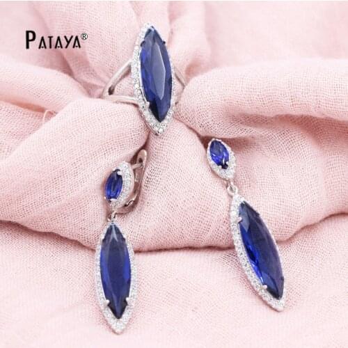 PATAYA RU Hot Dark Blue Horse Eye AAA Natural Zircon Earrings Ring Set True White Gold Jewelry Women Wedding Luxury Jewelry Set