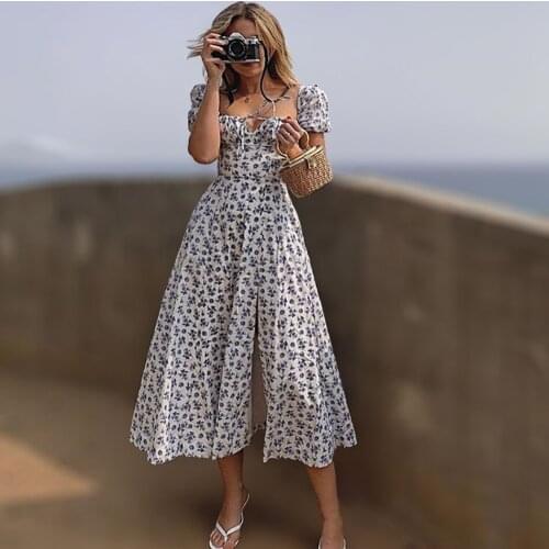 Fashion Bubble Sleeve Broken Flower Is Light Ripe Temperament High Fork Long Skirt Female Dress