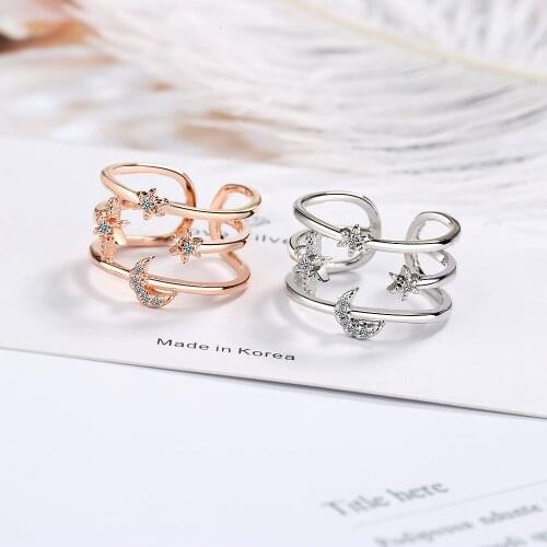 Star Moon Cubic Zirconia Designer Stacking Chunky 925 Sterling Silver Adjustable Rings For Women Fashion Finger Jewelry