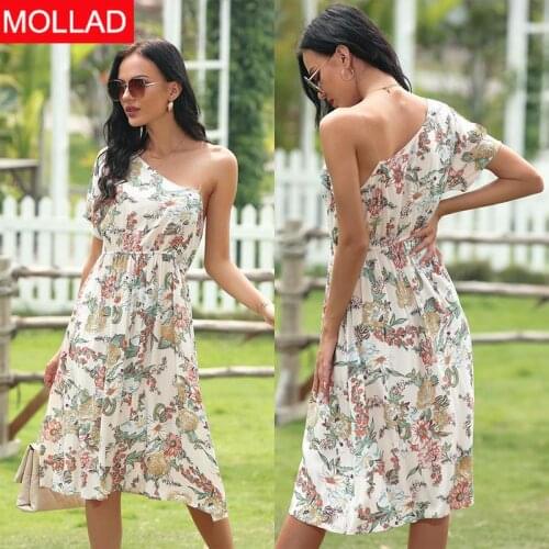 2021 Off-Shelf European and American Retro Printed Elastic Waist Off-Shoulder Dress for Women One Piece Dropshipping