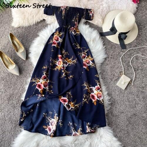 Dresses Women Printed Floral Irregular Split Short Sleeves Vintage Sexy Dress Slash Neck High Quality Women Clothing Korean Y2k