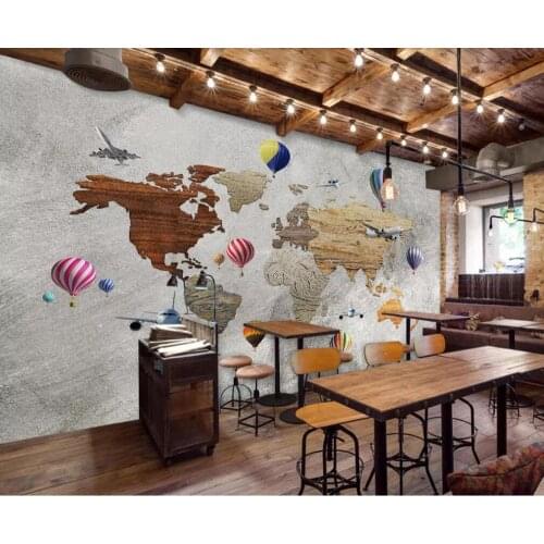 Customized large-scale 3D mural European creative aircraft balloon world map background wall painting wallpaper