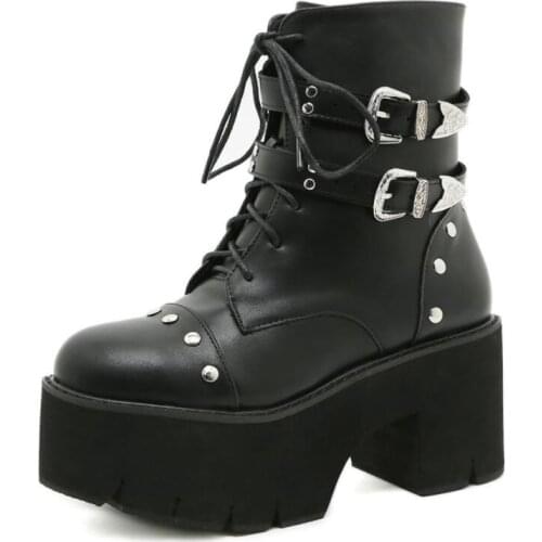 Demonias shoes platform Boots Square Heel demonia boots platform shoes goth boots Band Thigh High Shoes Black fall winter boots