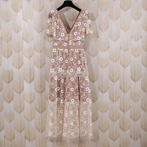 Designer Summer Mesh Fashion Women Sleeveless Sequin Embroidered High waist Lace Party Midi Dress Ladies