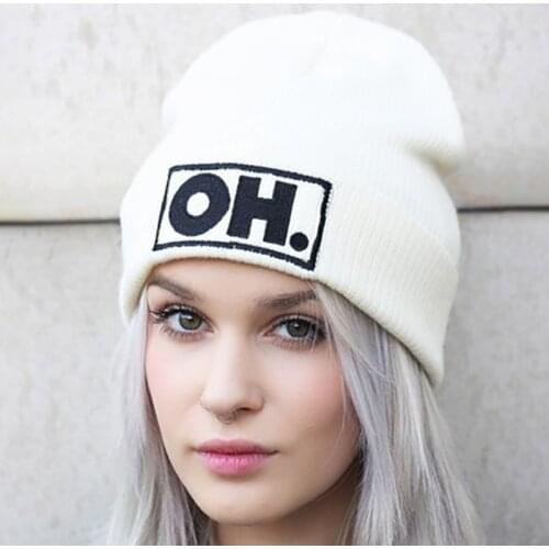 European Style Keep Warm Acrylic Fibres Unisex White Fashion Headgear Embroidery Cap Knitted New Gift Hat 1Pcs