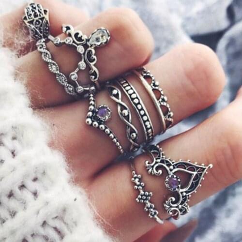 Hot Sale Rings Jewelry 10pcs/set Vintage Ring Sets for women Bohemian Fatima Hand Crown Hollow Finger Ring Charm set#244497